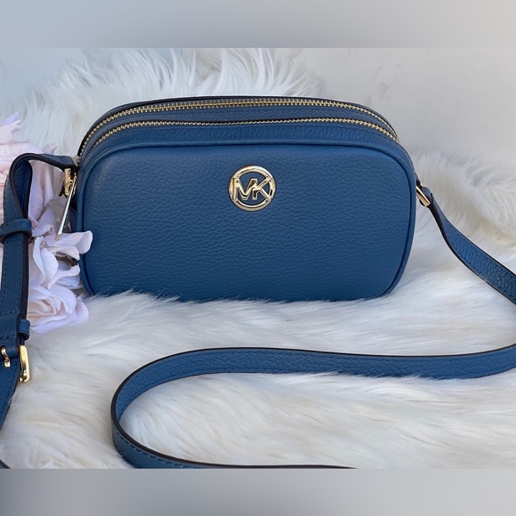 Michael Kors Blue Pebbled Leather Double Zip Crossbody - Picture 8 of 11